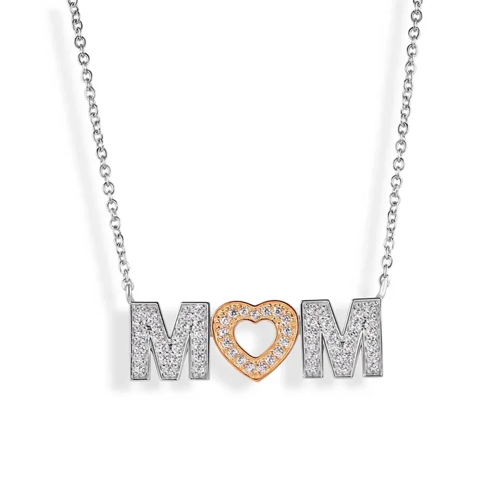 Silver 925 Rhodium and Gold Plated Clear CZ MOM with Heart Pendant Necklace – BGP00831