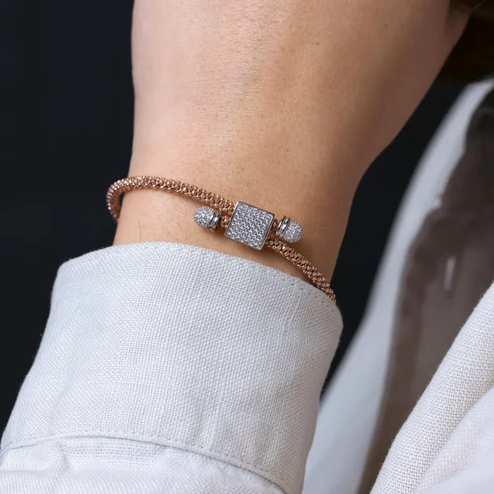 Silver 925 Rhodium and Rose Gold Rhodium Plated Square Micro Pave Clear CZ Beaded Italian Bracelet – ITB00169RGP