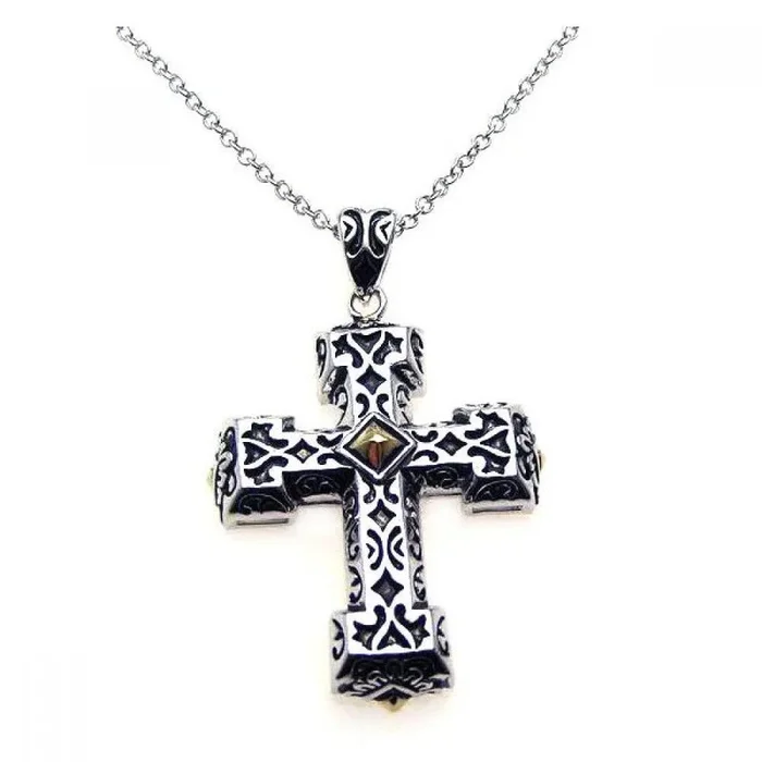 Silver 925 Rhodium Cross Small Center Square CZ Necklace – BGP00216