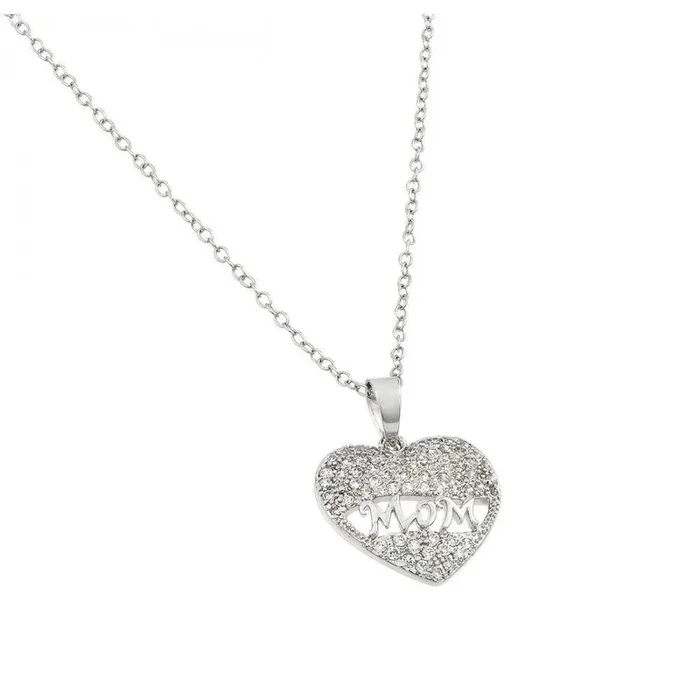 Silver 925 Rhodium Open Heart Mom CZ Filigree Pendant – BGP00624