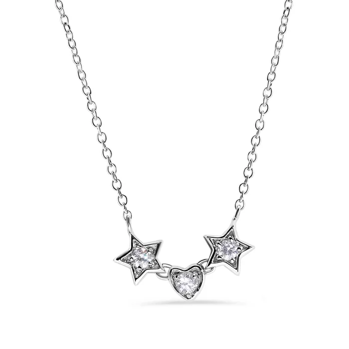 Silver 925 Rhodium Plated 2 Stars and Heart CZ Necklace – BGP00531