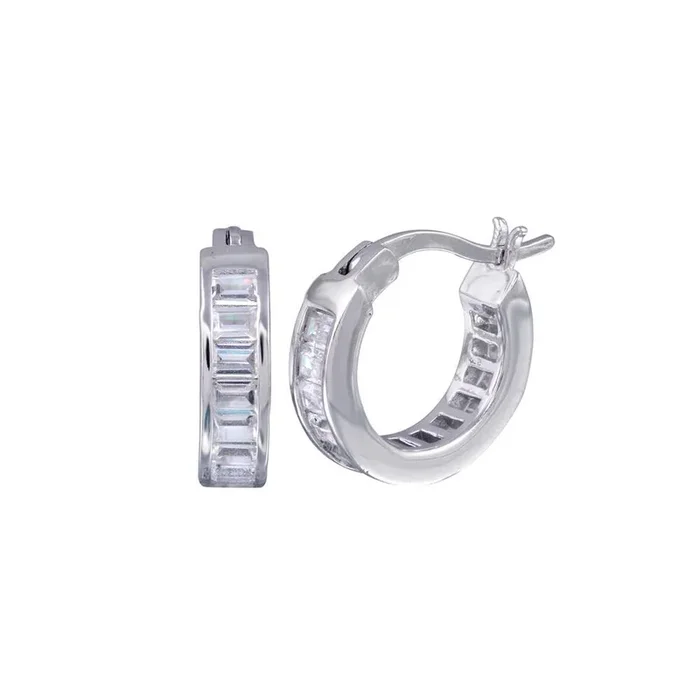 Silver 925 Rhodium Plated Baguette Clear CZ Hoop Earrings – STE00722