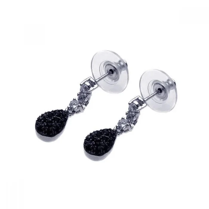 Silver 925 Rhodium Plated Black and Clear Teardrop CZ Dangling Stud Earring – BGE00026
