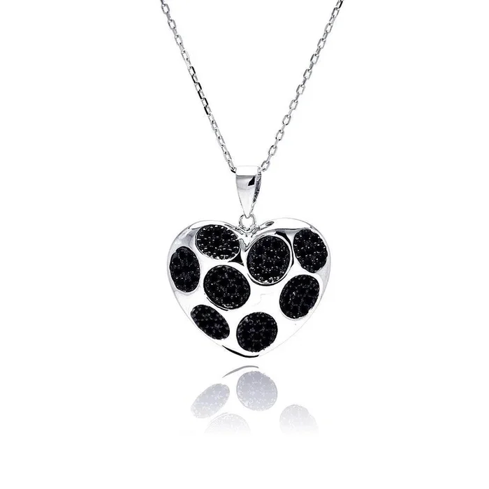 Silver 925 Rhodium Plated Black Dot Heart CZ Necklace – BGP00489