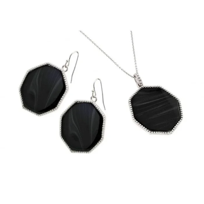 Silver 925 Rhodium Plated Black Octagon CZ Dangling Hook Earring and Necklace Set – STS00482