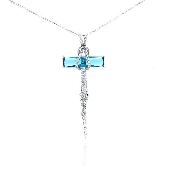 Silver 925 Rhodium Plated Blue CZ Hanging Strand Pendant Necklace – STP00465BL
