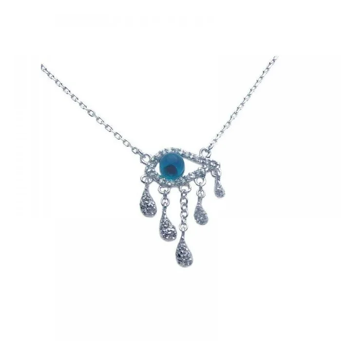 Silver 925 Rhodium Plated Blue Eye CZ Multiple Strand Teardrop Dangling Necklace – BGP00266