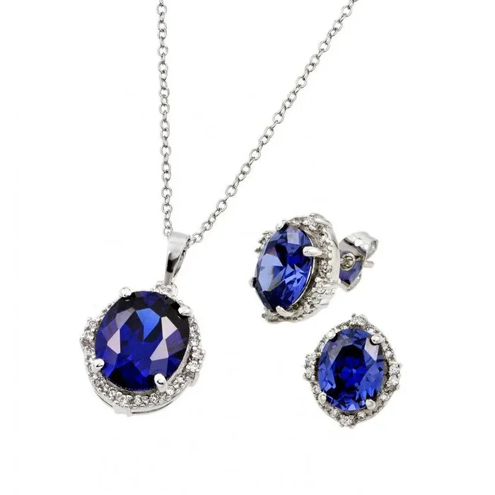 Silver 925 Rhodium Plated Blue Round Clear Cluster CZ Stud Earring and Necklace Set – BGS00413