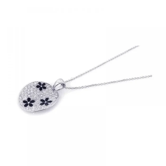 Silver 925 Rhodium Plated Clear and Black CZ Flower Circle Pendant Necklace – STP00821
