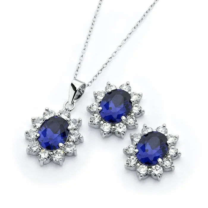 Silver 925 Rhodium Plated Clear Cluster Blue Cluster Flower CZ Stud Earring and Necklace Set – BGS00394