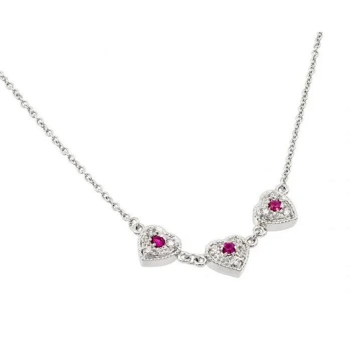 Silver 925 Rhodium Plated Clear CZ 3 Red Hearts Pendant Necklace – BGP00916RED