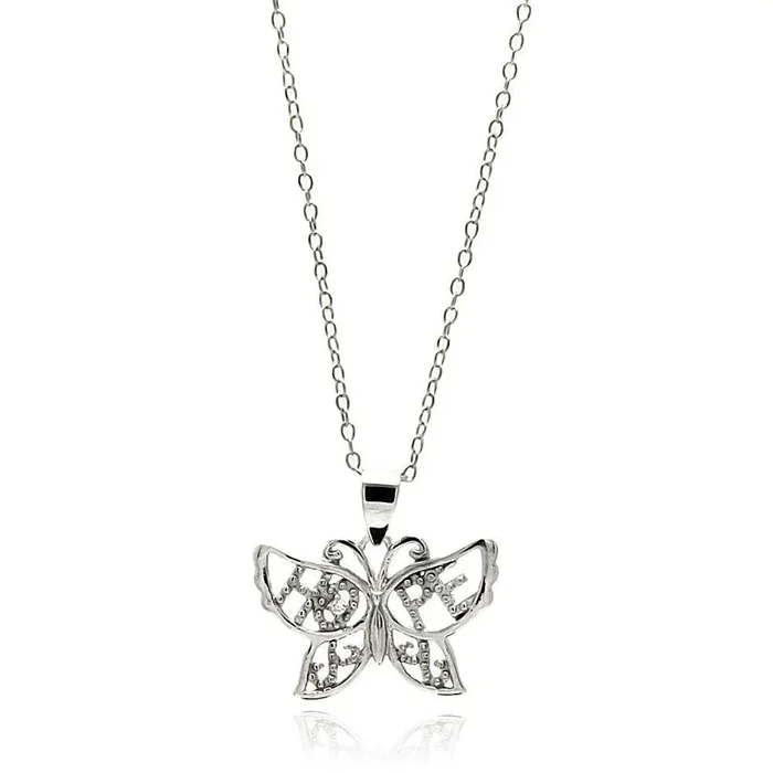 Silver 925 Rhodium Plated Clear CZ Butterfly Pendant Necklace – STP01345