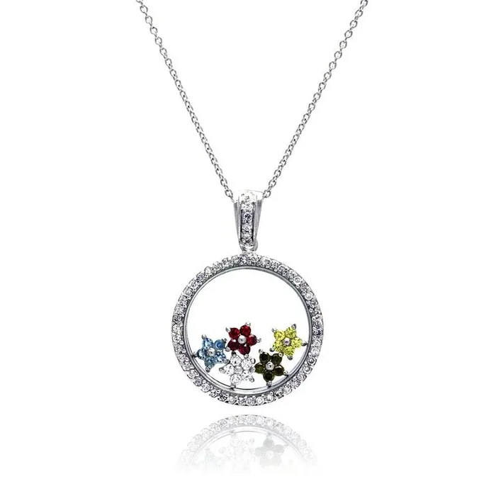 Silver 925 Rhodium Plated Clear CZ Circle Colorful Stars Pendant Necklace – STP00891