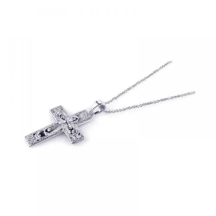 Silver 925 Rhodium Plated Clear CZ Cross Pendant Necklace – STP00721