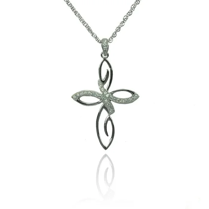 Silver 925 Rhodium Plated Clear CZ Flowery Cross Pendant Necklace – STP01357