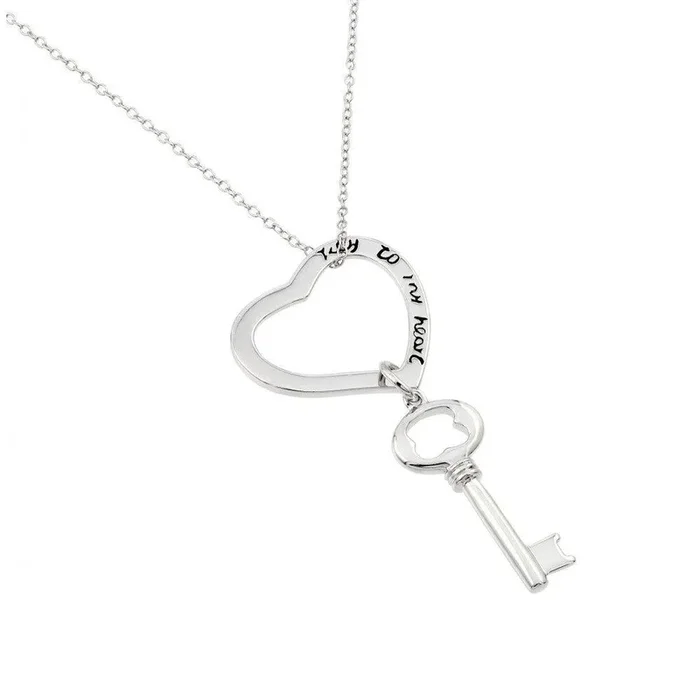 Silver 925 Rhodium Plated Clear CZ Key Heart Pendant Necklace – BGP00962