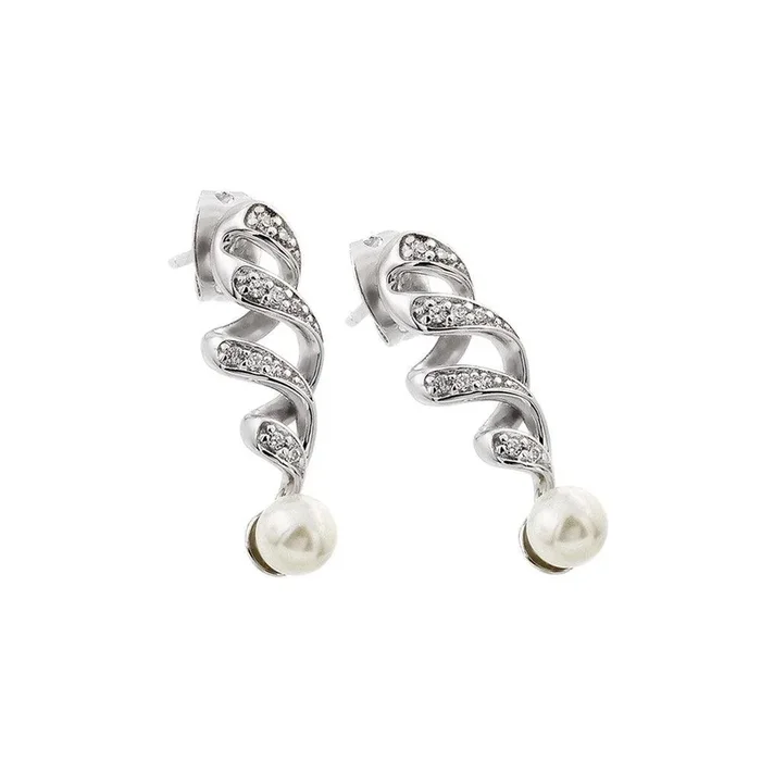 Silver 925 Rhodium Plated Clear CZ Pearl Twist Dangling Stud Earrings – BGE00399