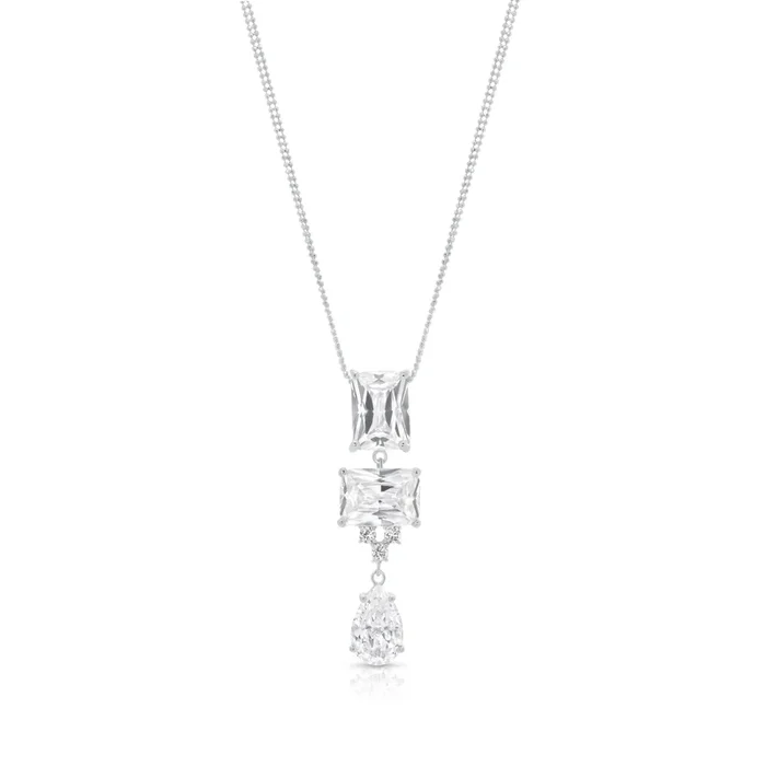 Silver 925 Rhodium Plated Clear CZ Rectangular and Drop Shape Pendant Necklace – BGP00924