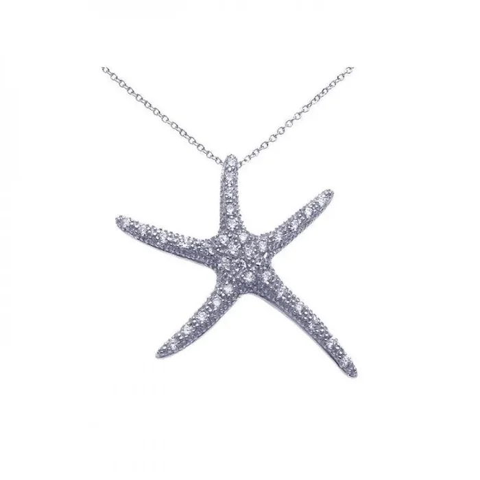 Silver 925 Rhodium Plated Clear CZ Starfish Pendant Necklace – STP00886