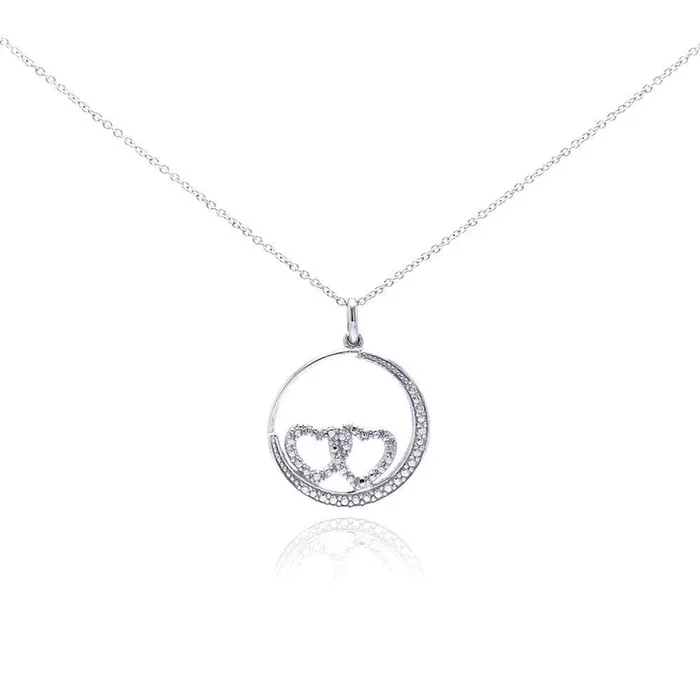 Silver 925 Rhodium Plated Clear Diamond Double Heart Circle Pendant Necklace – STP01034