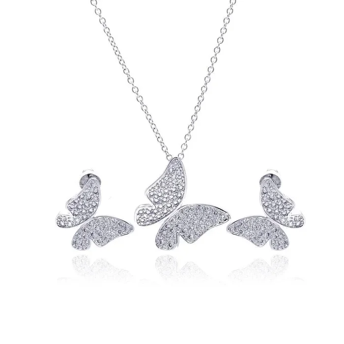 Silver 925 Rhodium Plated Clear Pave Set Butterfly CZ Stud Earring and Necklace Set – BGS00120