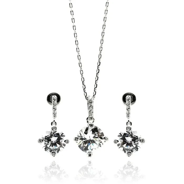 Silver 925 Rhodium Plated Clear Round CZ Dangling Stud Earring and Necklace Set – BGS00241
