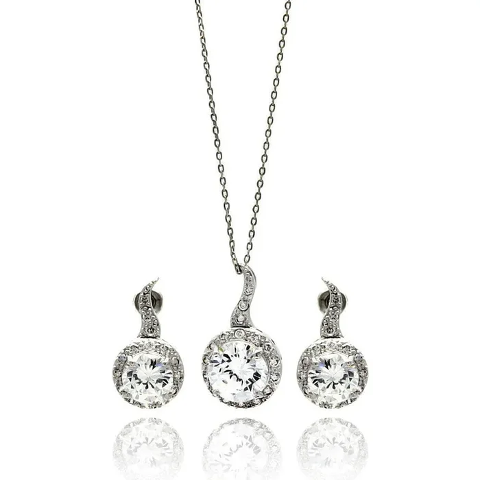 Silver 925 Rhodium Plated Clear Round CZ Hanging Stud Earring and Hanging Necklace Set – BGS00258