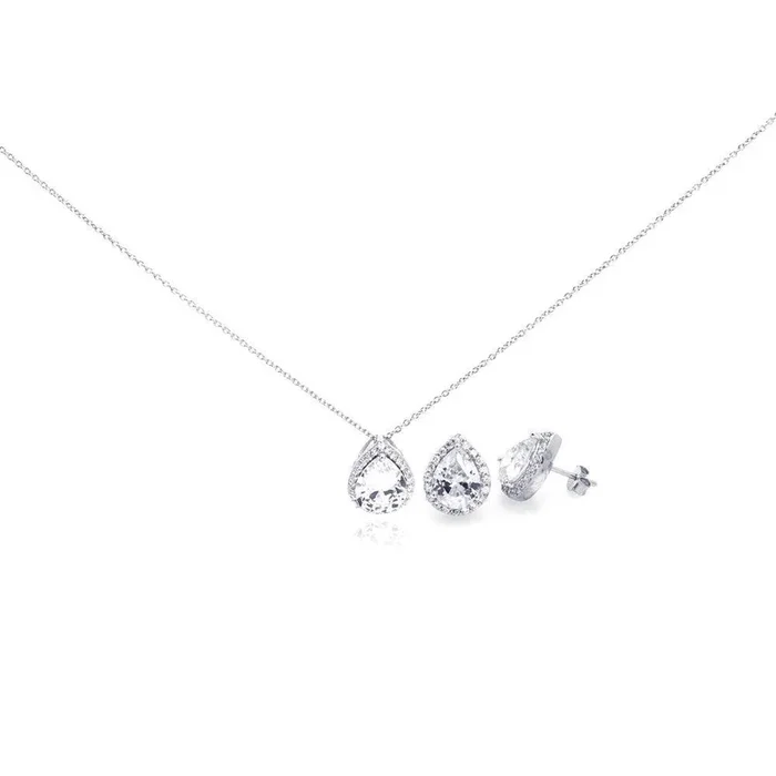 Silver 925 Rhodium Plated Clear Teardrop CZ Stud Earring and Necklace Set – STS00290