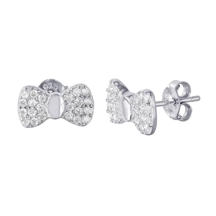 Silver 925 Rhodium Plated CZ Bow Earrings – STE01014