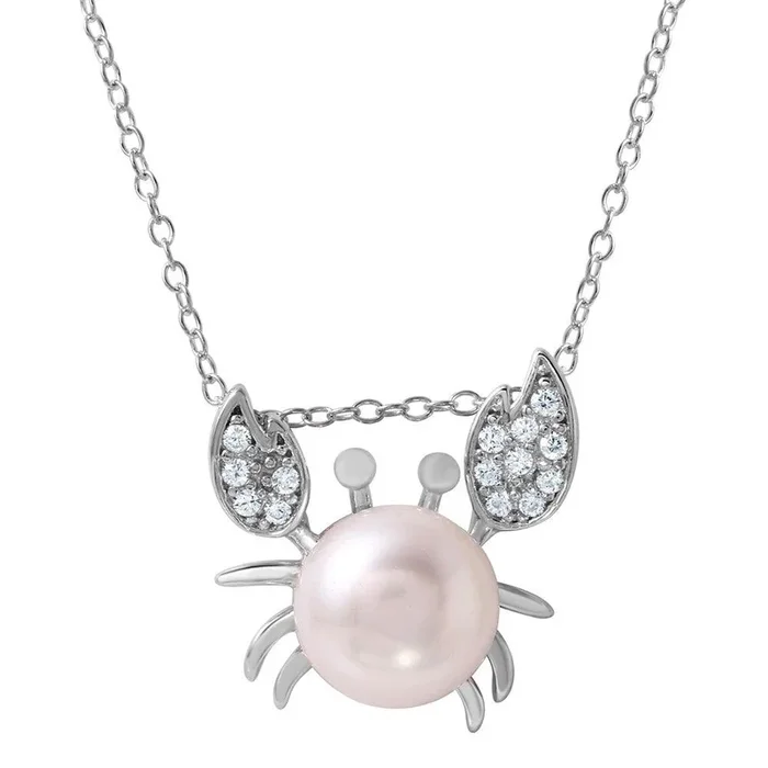 Silver 925 Rhodium Plated CZ Crab Shaped Pendant with Fresh Water Pearl – BGP01033