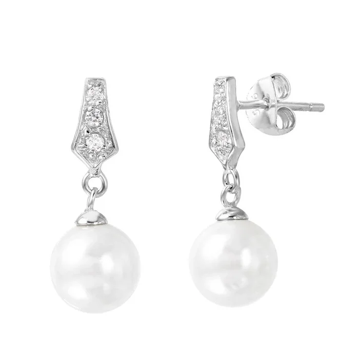 Silver 925 Rhodium Plated CZ Dangling Pearl Post Earrings – BGE00420