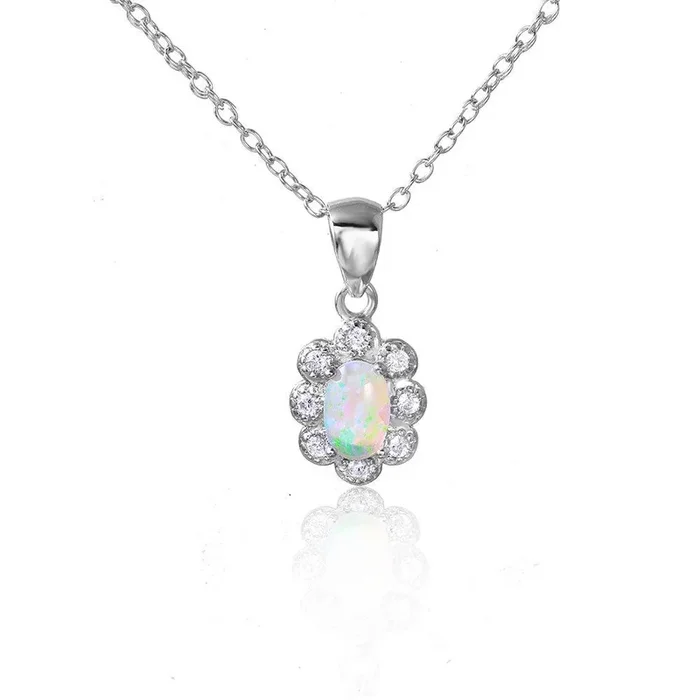 Silver 925 Rhodium Plated CZ Flower with Synthetic Opal Necklace – STP01502