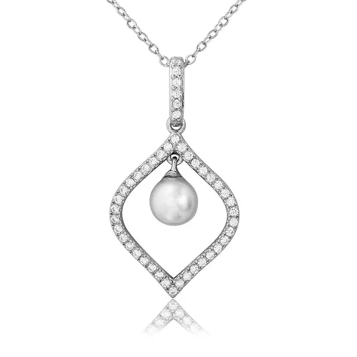 Silver 925 Rhodium Plated CZ Open Drop with Dangling Synthetic Pearl Necklace – BGP01099