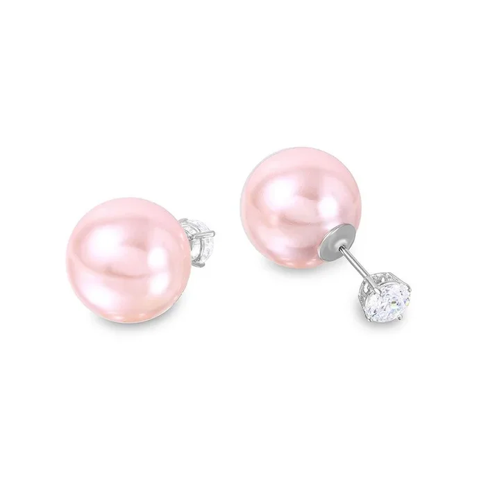 Silver 925 Rhodium Plated CZ Pink Synthetic Pearls Front and Back – STE00994PNK