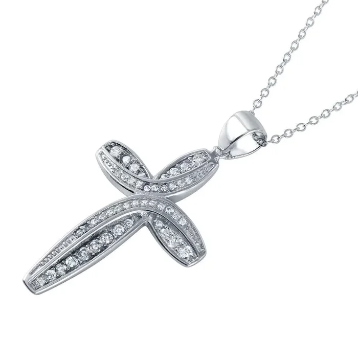 Silver 925 Rhodium Plated CZ Rounded Cross Pendant Necklace – STP01493