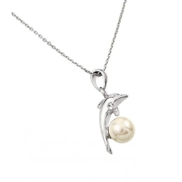Silver 925 Rhodium Plated Dolphin Leaping Over Pearl Pendant Necklace – BGP00874