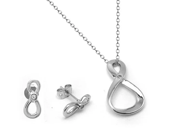Silver 925 Rhodium Plated Figure 8 Infinity Single Set Clear CZ Stud Earring and Necklace Set – BGS00442