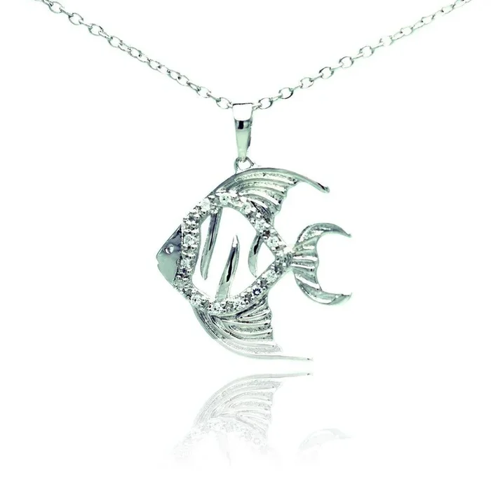 Silver 925 Rhodium Plated Fish Micro Pave CZ Necklace – BGP00682