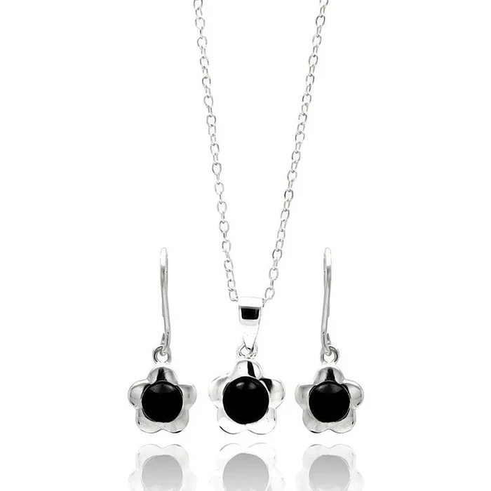 Silver 925 Rhodium Plated Flower Black Round CZ Dangling Lever Back Stud Earring and Necklace Set – STS00444