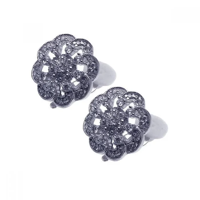 Silver 925 Rhodium Plated Flower Cluster CZ Stud Earrings – STE00933