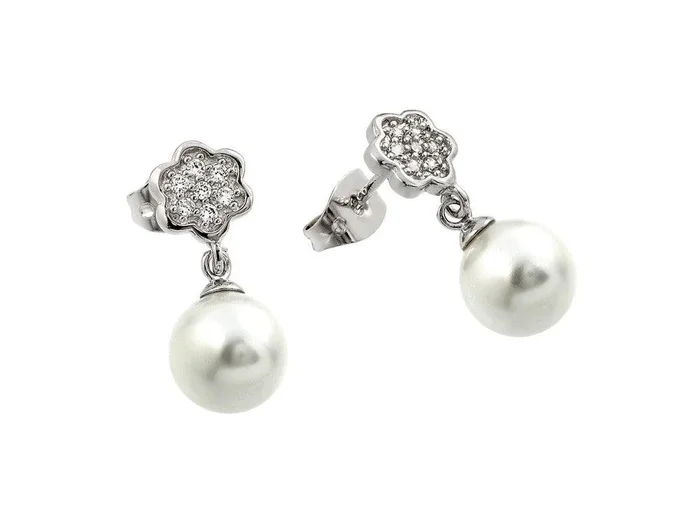 Silver 925 Rhodium Plated Flower CZ Inlay Dangling Pearl Stud Earrings – BGE00357