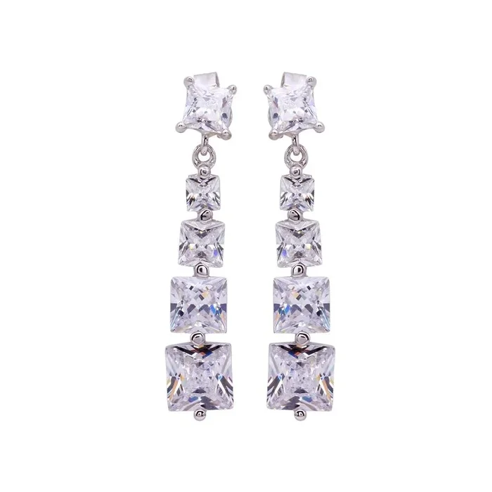 Silver 925 Rhodium Plated Four Graduated Square CZ Dangling Earrings – STE00282