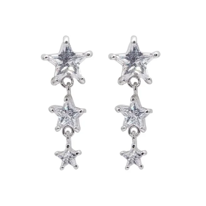 Silver 925 Rhodium Plated Graduated Multiple Stars CZ Dangling Stud Earrings – BGE00070