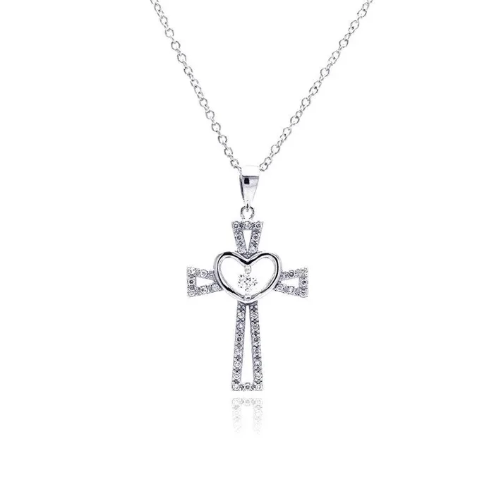 Silver 925 Rhodium Plated Heart Open Cross CZ Necklace – BGP00368
