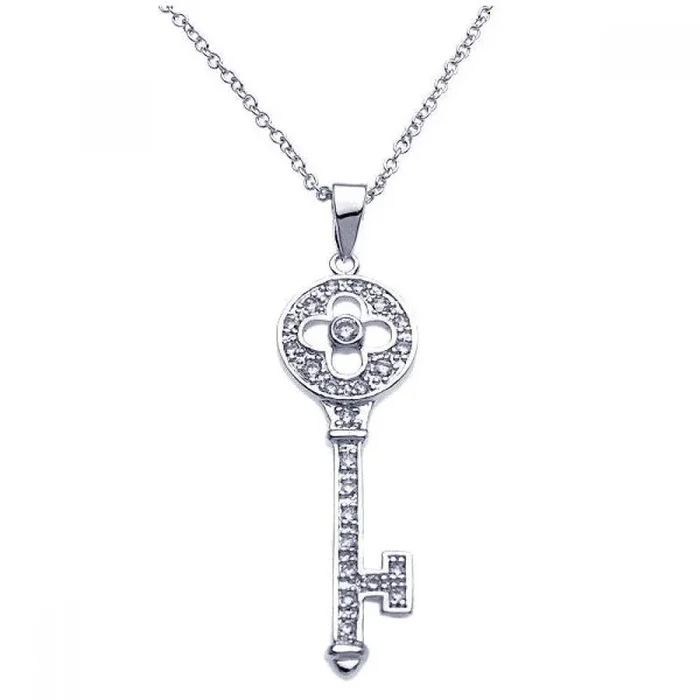 Silver 925 Rhodium Plated Key CZ Inlay Necklace – BGP00246