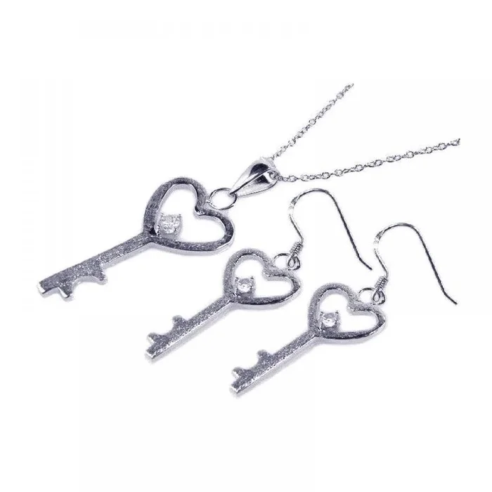 Silver 925 Rhodium Plated Kingdom Heart Key CZ Hook Earring and Necklace Set – STS00156