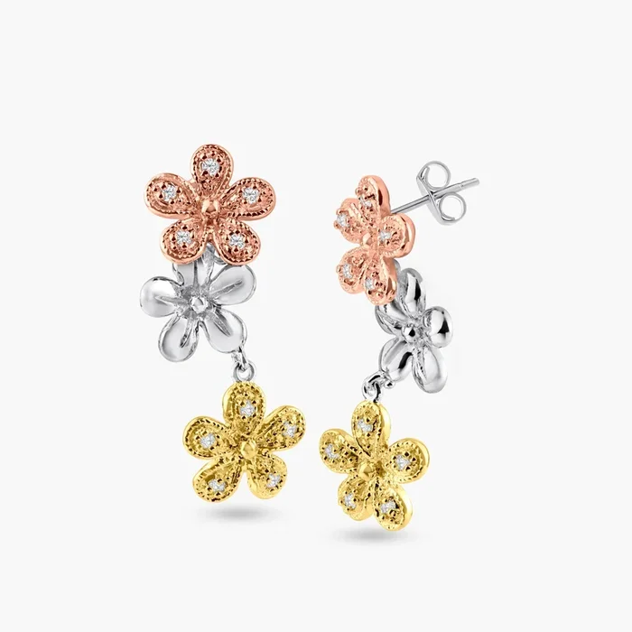 Silver 925 Rhodium Plated Multicolor Flower CZ Dangling Stud Earrings – BGE00187