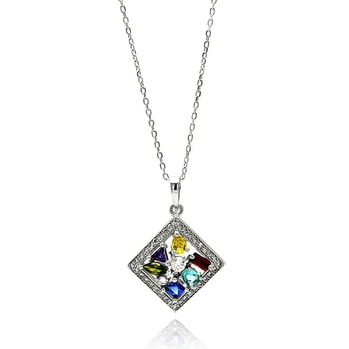 Silver 925 Rhodium Plated Multicolor Square CZ Necklace – BGP00619