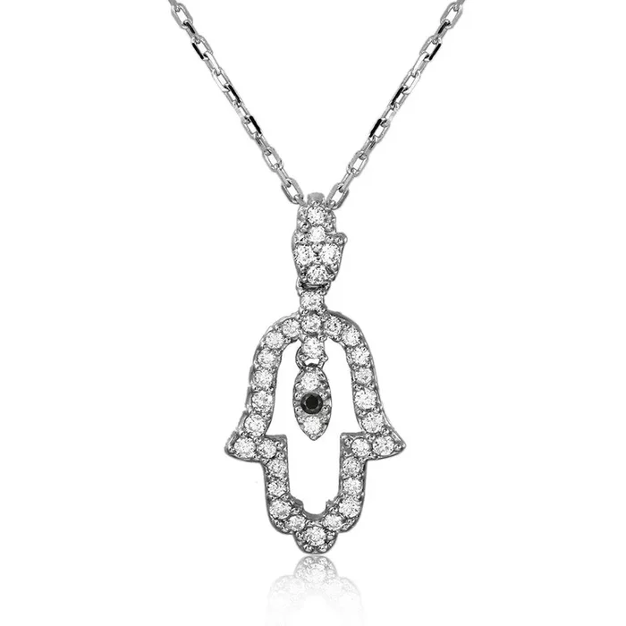 Silver 925 Rhodium Plated Open Hamsa CZ Necklace – GMP00004-BLACK