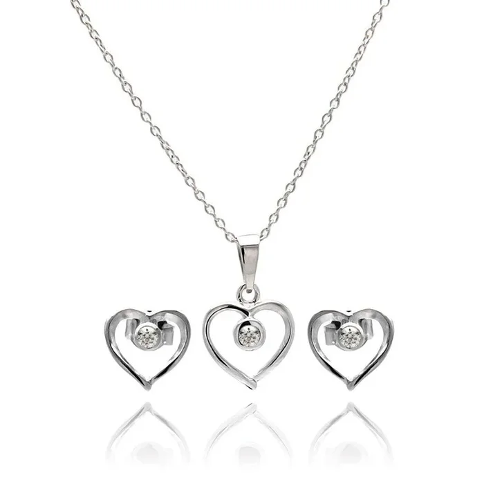 Silver 925 Rhodium Plated Open Heart Round CZ Stud Earring and Necklace Set – STS00417